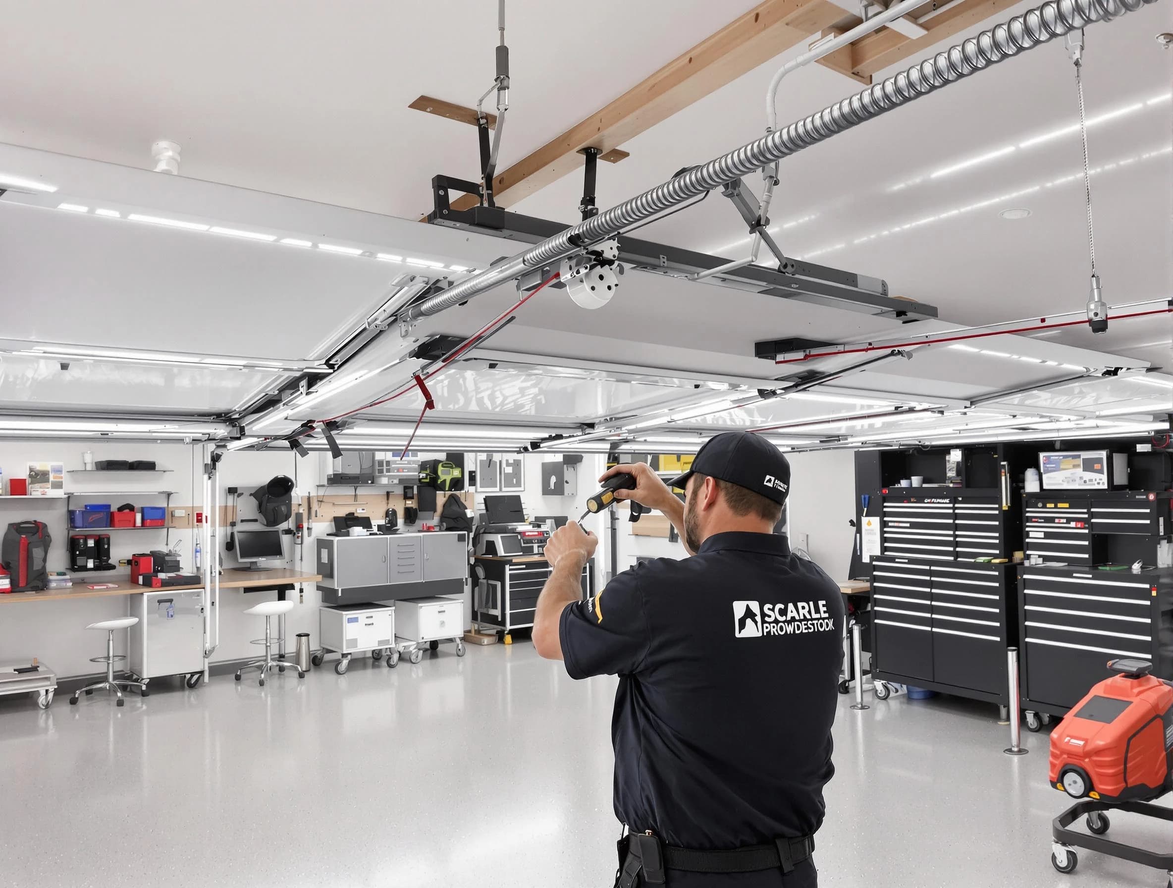 Warren Garage Door Repair technician repairing overhead garage door in Warren